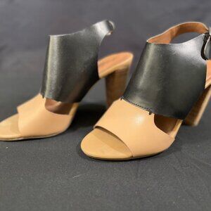 Lucky Brand Sandals Womens 9.5 Black Beige Otta Leather Slingback Block 4 inHeel